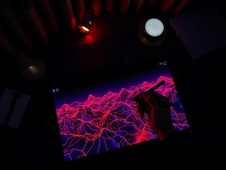 An artist working on a large tablet, creating a surreal landscape with vibrant red lighting