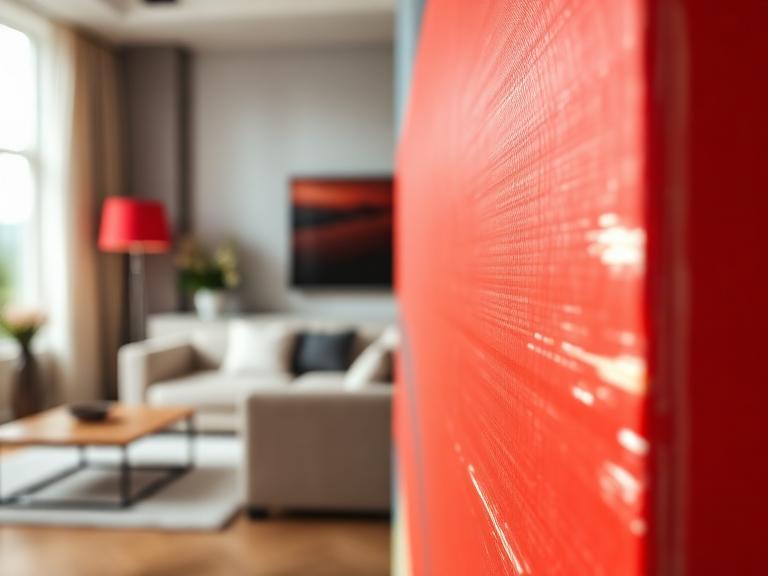 A sophisticated modern living room featuring a large-scale high-contrast digital art piece with vibrant red accents.