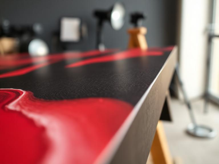 Close-up of a high-quality giclée print of digital art showing incredible detail and red neon accents