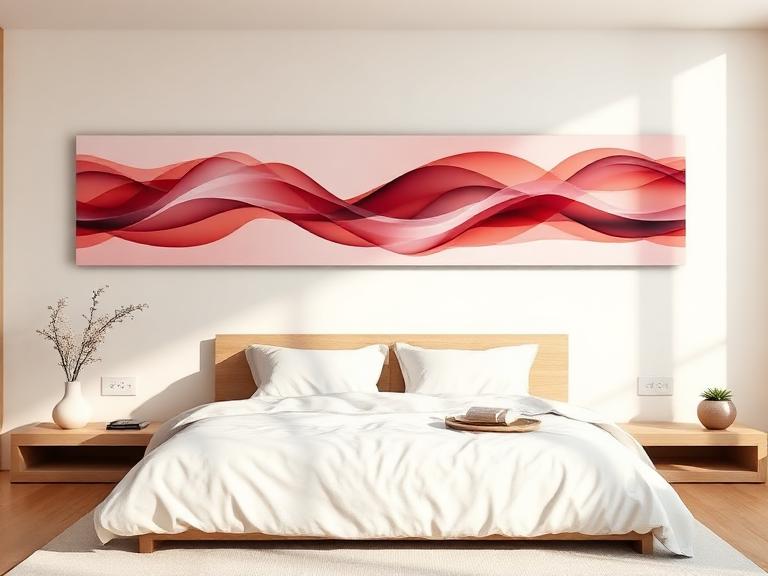 A serene bedroom with a minimalist digital art piece featuring fluid lines and soft red-to-white gradients.