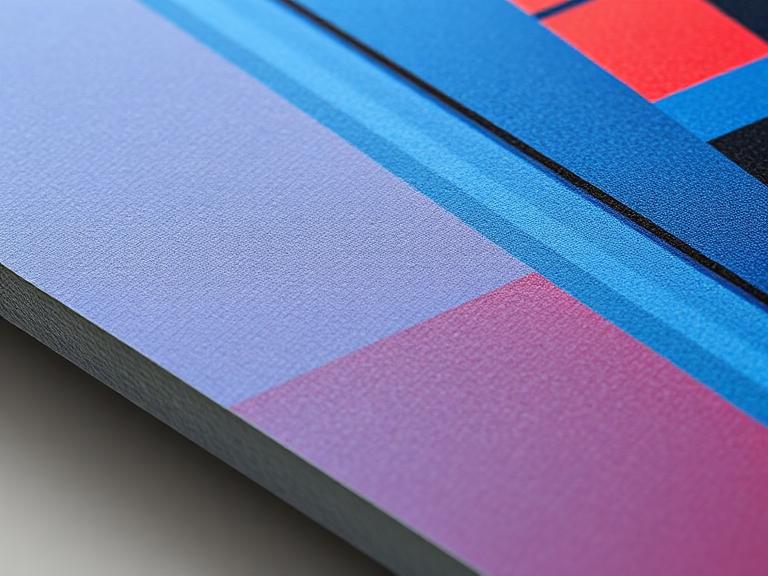 Detailed macro shot showing the fine texture and rigid, non-reflective surface of an Alu-Dibond panel featuring contemporary abstract art.