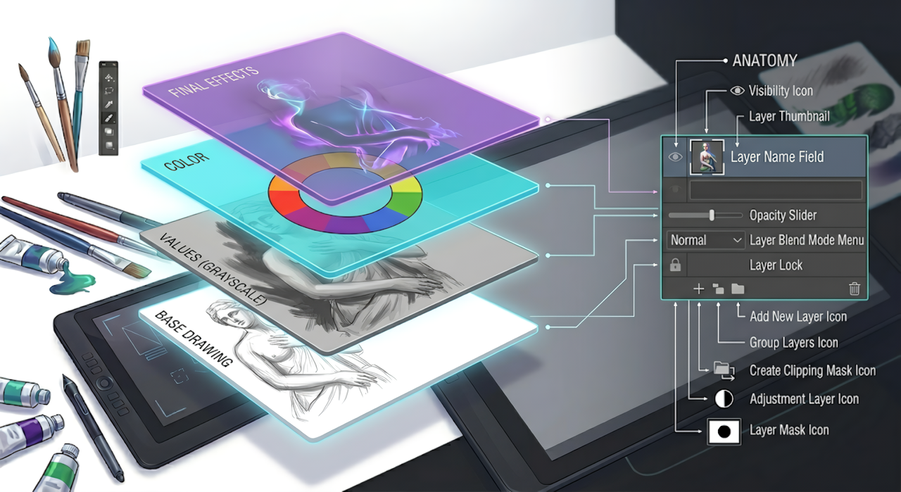 Image showing the anatomy of a digital painting layers panel