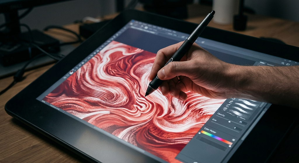 A professional digital artist working on a high-tech tablet with textured brushes