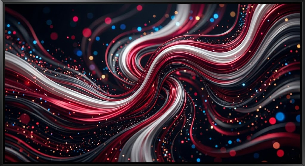 Abstract fluid digital art with red and white curves