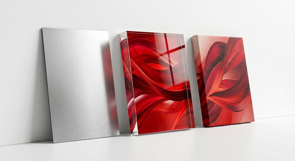 Close-up of different premium printing materials like Alu-Dibond and Plexiglas