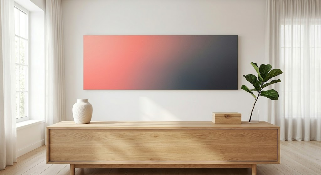 A wide, landscape digital canvas print harmoniously integrated above a modern Scandinavian console table.