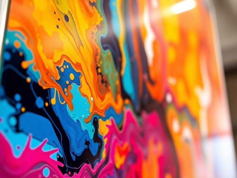 A high-angle macro photograph capturing the intense light refraction and profound color depth beneath the smooth, glossy surface of a Plexiglass print.