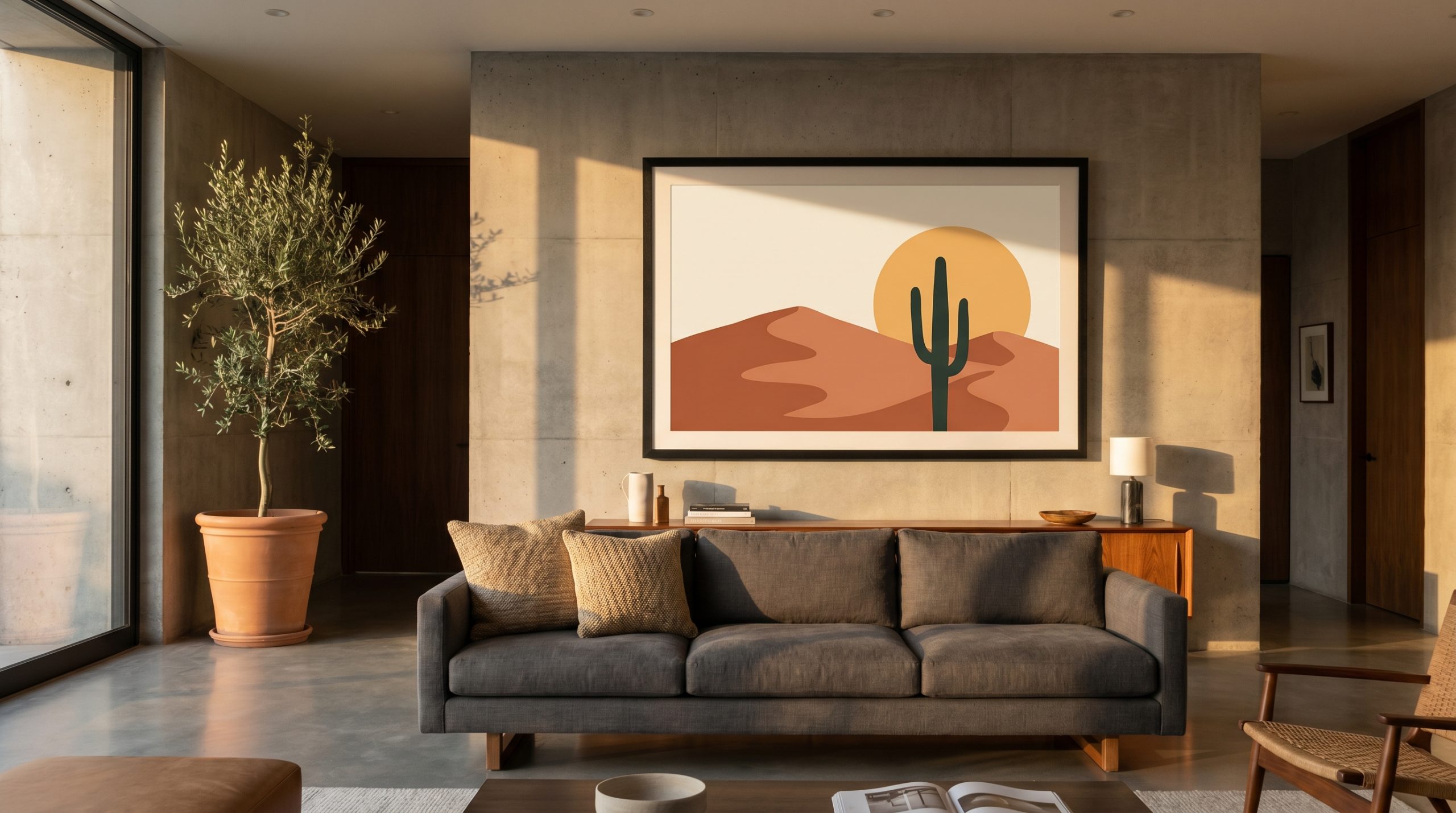 Premium matte black frame showcasing Golden Solitude artwork on a minimalist gallery wall