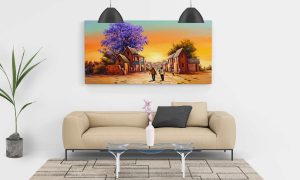 "Ochre Eclipse & Blooming Jacaranda" – Luxury Fine Art Digital Print | African Dusk Village & Jacaranda Tree Printable Wall Art