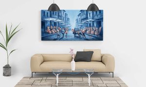 "The Azure Market Awakening" – Luxury Colonial Street Market Digital Wall Art