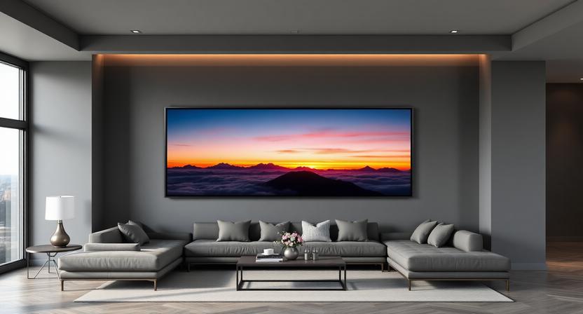 Luxury living room mockup featuring mountain art