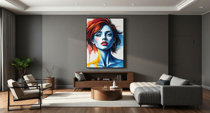 Simulation of a modern living room featuring the Vibrant Muse portrait displayed in large format