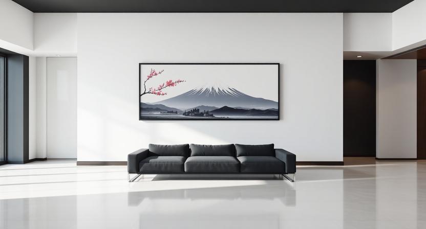Luxury living room mockup featuring The Fuji Awakening wall art